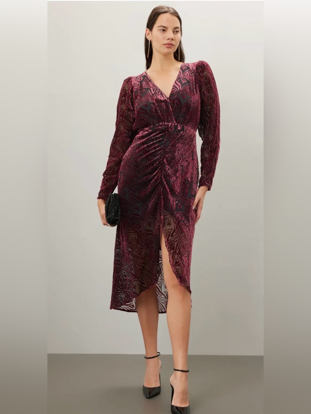 Ronny Kobo Astrid Burnout Velvet Midi Dress Burgundy Black Size 16 Ruched V Neck